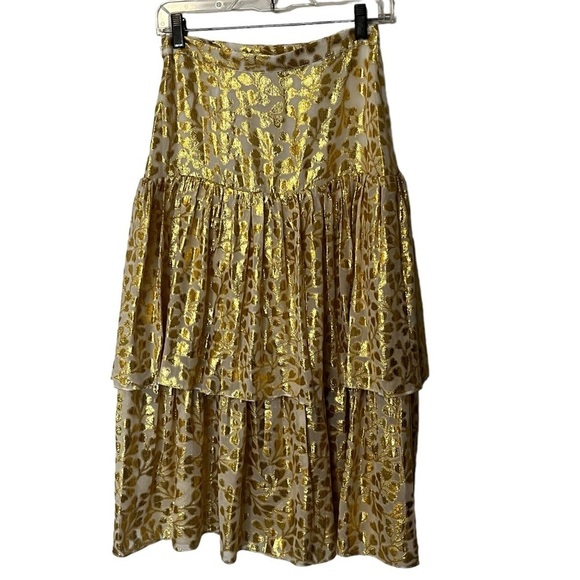 PALOMA BLUE Eden Layered Tiered Ruffled Metallic Fil Coupé Silk blend Skirt Gold - Picture 7 of 15